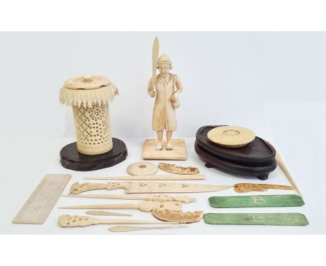 Small collection of antique carved ivory to include standing male figure with broad bladed knife, 10cm high, sundry cocktail 