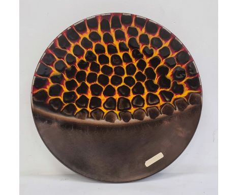 Harris studio hand-painted Staffordshire pottery charger decorated in brown, flaming yellow and red colours, Poole pottery-st