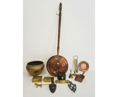 Flat iron and trivet, brass thermometer, metal money box and other metal items