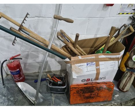 Box of various gardening tools including scythe, shovels and a bow saw, a small quantity of spanners and screwdrivers and a D