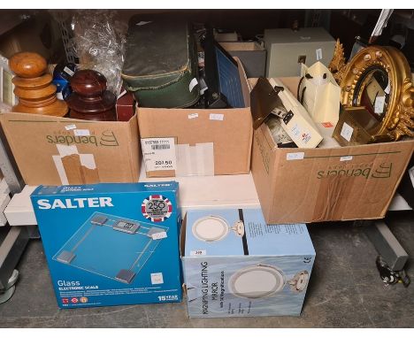 Eclectic mix of items including paper guillotine, stapler, two large wooden chess pieces, tin jelly moulds, etc, boxed bathro