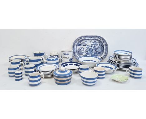 Large collection of T G Green & Co Cornish kitchenware, typically blue and white striped pottery, similar Staffordshire potte