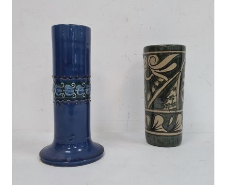 Brannam Barum tall cylindrical blue ground pottery vase with slip trailed band of stylised harebells and on spreading foot, 2