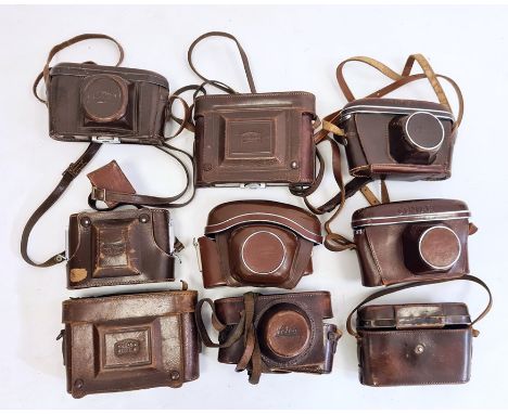 Nine vintage leather camera cases to include a Leica III case, Zeiss and Contax (9) 