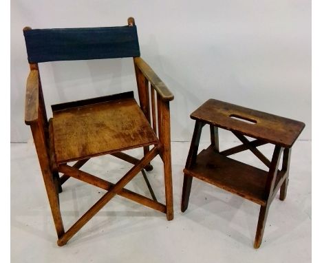 Folding campaign-style chair and a vintage pine kitchen step (2) 