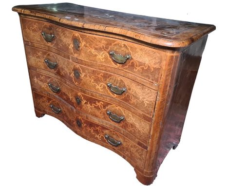 18th century Italian walnut and marquetry inlaid serpentine-front commode, the crossbanded top with central depiction of two 