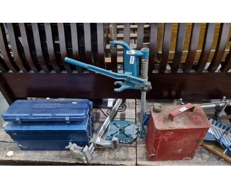 Blue concertina toolbox containing collection of spanners, screwdrivers, socket set, bench clamp, drill holder, mitre saw, a 