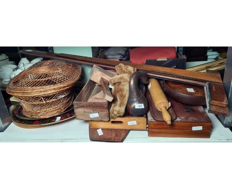 Large quantity of treen to include rolling pin, wooden bowl, carved duck, cutlery tray, mallet, box marked 'Bowman Steam Loco