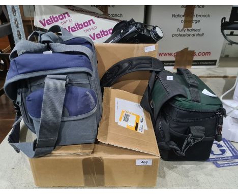 Quantity of camera equipment to include Panasonic video camera, camera cases, a Panasonic Lumix camera, a Canon Powershot and