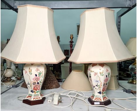 Pair of Chinese-style patterned octagonal ceramic table lamps and shades from BHS (2) 