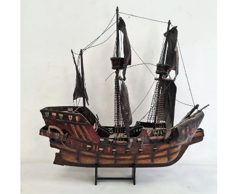 Model three-mast ship on stand, 51cm high 