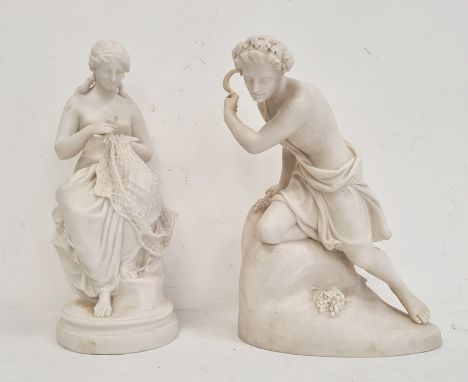 19th century Copeland parianware figure of man with sickle, 30cm high and another semi-nude lady seated repairing fishing net