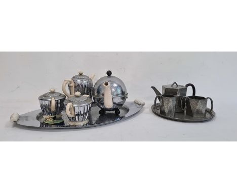 Regent Heatmaster three-piece tea set, another Heatmaster teapot, an oval tray, a crescent-shaped lidded trinket box and a pe