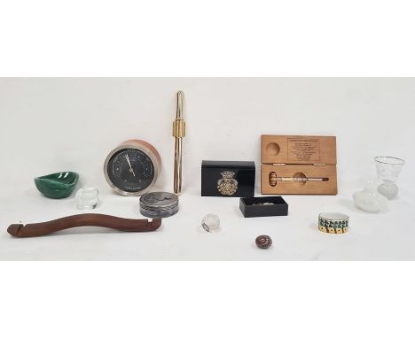 Short & Mason teak circular barometer with wine thermometer in wooden case, two glass miniature vases, a white metal circular