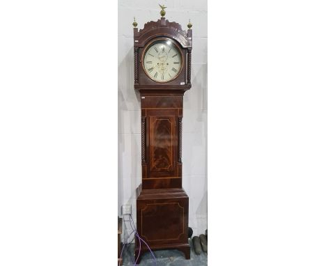 19th century mahogany longcase clock, arched hood enclosing circular dial (13" diameter), with brass finials, satinwood inlay