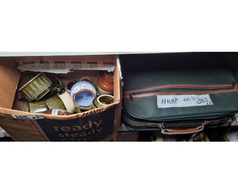 Box of mid century ceramics, principally soup cups, a box of wooden items including small writing box, cribbage board, etc an
