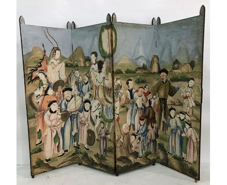 19th century Chinese painted four-fold draught screen, watercolour, gouache and collage laid on canvas, decorated with proces