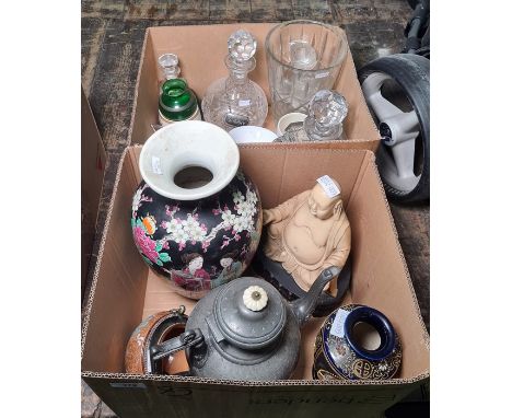 Assorted glassware to include a glass whale, decanters with labels, a model of a Buddha, a pewter teapot, etc (2 boxes) 