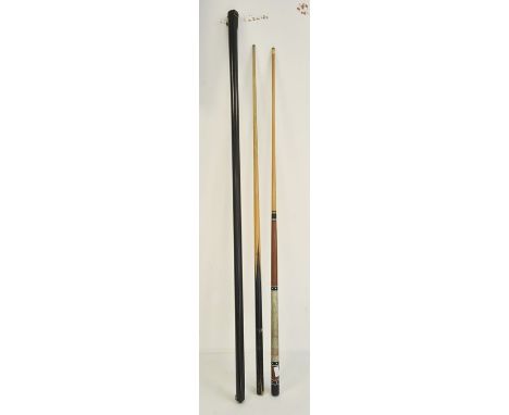 Two vintage pool cues, one one-piece (cased in black lockable tube), the other two-piece (2)