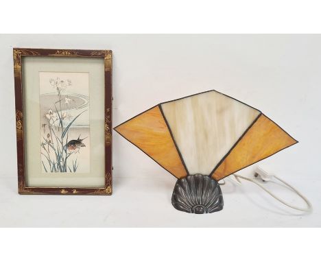 Art Deco style pewter lamp with Art Deco stained glass and leaded angular shade and a 19th century chinoiserie decorated red 
