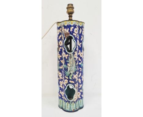 19th century cloisonne lamp decorated with coloured flowers and bamboo shoots, all on blue glaze, 44cm high Condition ReportT