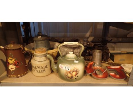 Companion set, scales, pestle and mortar, kettle, barge ware coffee pot plus others