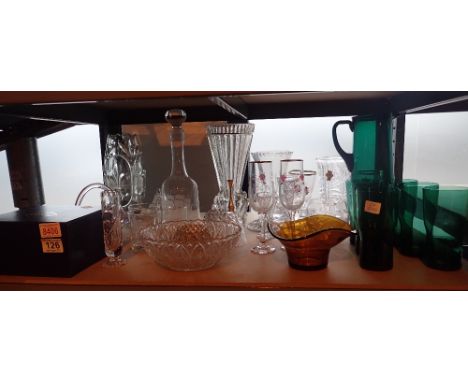 Shelf of mixed glassware including vases and crystal