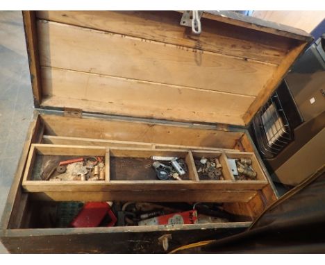 Large wooden carpenters trunk with carry handles, lock, fitted interior and contents 