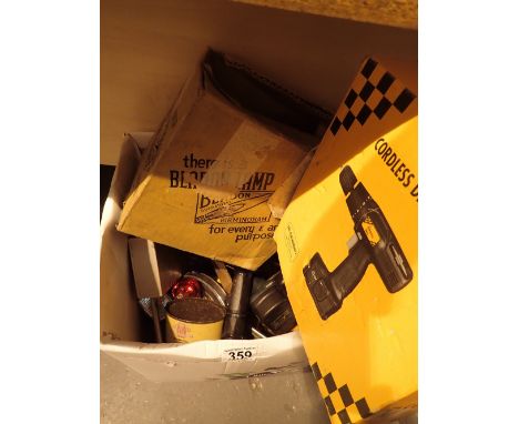 Box of mixed tools  including a cordless drill