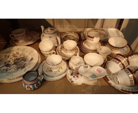 Shelf of mixed ceramics including Royal Grafton 'Majestic' teaset, Ridgeway 'Colclough' teaset and Royal Standard 'Lorraine' 