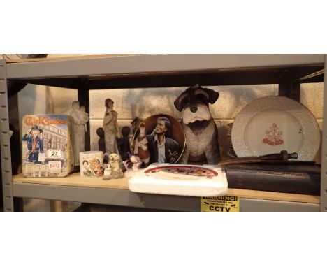 Shelf of collectors plates, boys brigade plate, girl guides tin, sheath knife, ornaments, empty Wedgwood boxes