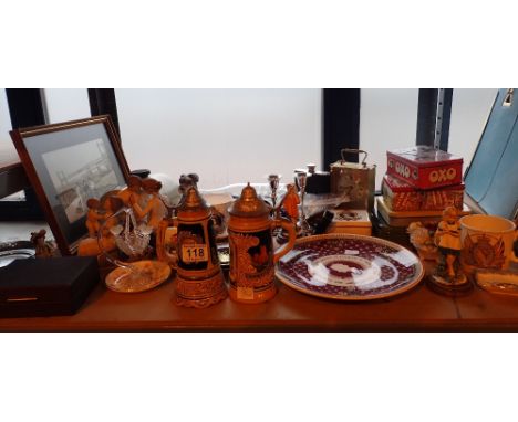 Shelf of mixed items including tins, pictures, clock, ceramics etc 