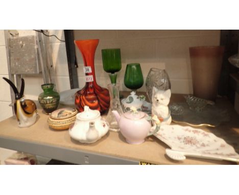 Shelf of mixed glass and ceramics including a glass snail, Royal Winton teapot, Wood & Sons teapot, green glass etc   CONDITI