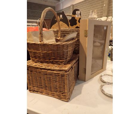 Wicker baskets, hamper, wooden display box etc 