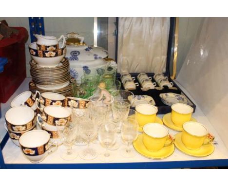Cased Meir Ware coffee service, four Royal Winton cups and saucers, Royal Albert tea service, tureen, glass,needlework etc