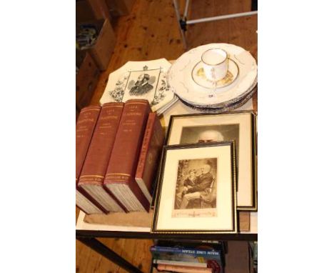 Collection of material relating to W.E. Gladstone, including eight plates, cup and saucers, books, and small pictures
