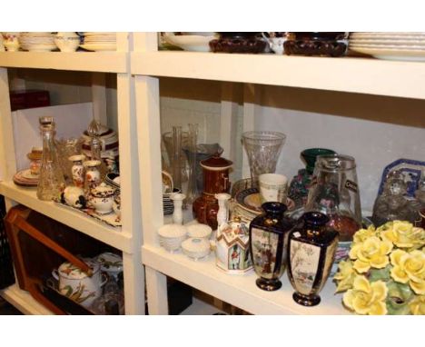 Glass decanters, bowls and vases, pottery vases, plates, teapots, trinket ware, ornaments, etc