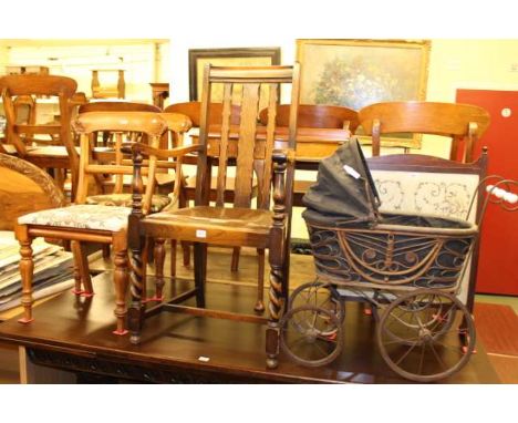 Oak elbow chair, mahogany hall table, pair Victorian dining chairs, firescreen and vintage style pram (6)