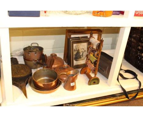 Copper pans and hot water bottles, oil lamp, prints, Samsung video camera, bellows, wooden wool holder, etc