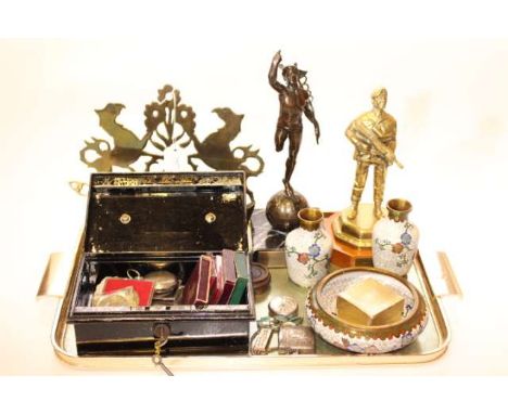 Dated Victorian brass tidy, cloisonne pieces, silver vesta and fob watch, enamel bracelet, ingot, figures and cash box with c