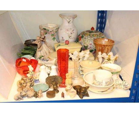 Oriental lidded jar, vases, Susie Cooper lidded soup bowls and saucers, Wade and other ornaments, etc