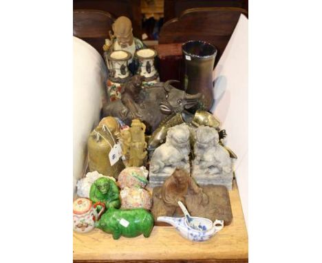 Chinoiserie items including carved buffalo, brass carp mounts, vases, figures, etc, and Nao Art Glass vase