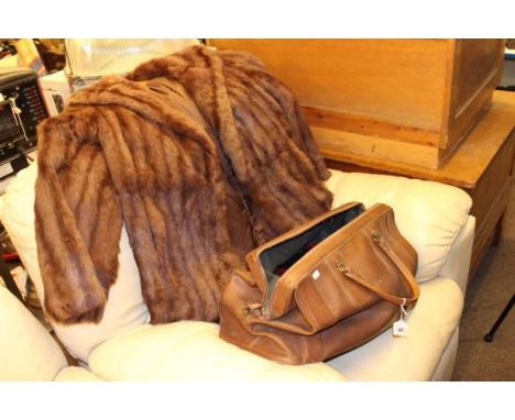 Ladies 3/4 length fur coat, Gladstone bag, folding top hat, gloves, etc