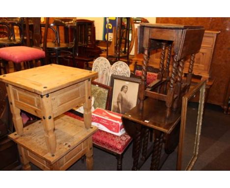 Two oak gateleg tables, four Edwardian chairs, two occasional tables, magazine rack, firescreen, pictures, mirror, ornament a