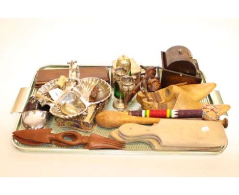 Butter pats, shoe trees, tie press, spirit flask, shell dish, caster, cigarette cases, etc