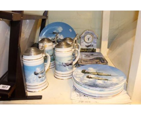 Four military aircraft collectors tankards, clock and collectors plates