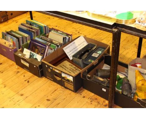 Two boxes of railway books, railway field telephone, signs, Esso sign, oil cans, etc