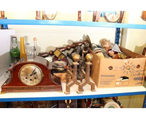 Mahogany mantel clock, pair of andirons, dolls, bottles, dog ornament, tins, scooter, etc