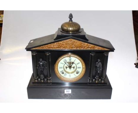 Victorian slate mantel clock with gilt and enamel dial