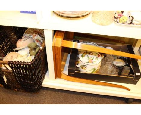 Two Royal Worcester Evesham tureens, assorted glass and china, Italian style table, pictures etc